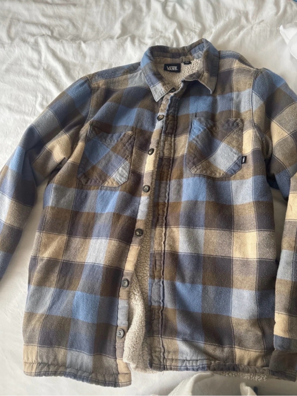 Vans Blue Brown and Cream Plaid Sherpa-Lined Button-Front Shirt Jacket